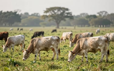 Wide professional shot of healthy young Nelore cattle grazing in a lush green pasture with the brand color #88A67B visible in the vegetation. Natural morning sunlight, modern agricultural scenery, focused on health and growth.