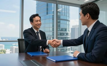 Two business professionals shaking hands across a polished midnight slate table in a high-rise International / Australasian corporate boardroom. Sky blue folders and ocean blue architectural details are visible through the large floor-to-ceiling windows overlooking a city.