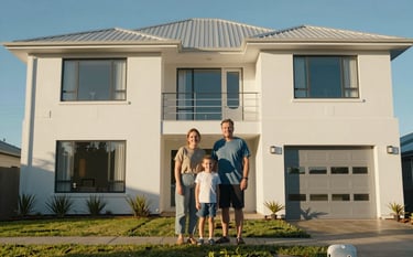 A wide-angle, warm photograph of a happy family standing in front of their new modern International / Australasian home. The lighting is bright afternoon sun, reflecting off frost white exterior walls and sky blue windows, conveying a sense of peace and successful settlement.
