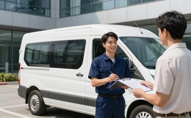 A professional mobile service van parked outside a modern North American / US office building. A technician is seen handing a clipboard to a customer. The scene is bright and professional, captured in a clean photography style with deep navy blue accents and soft cloud white highlights.
