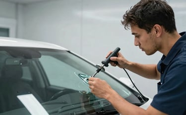 Professional photography of a technician in a modern, well-lit North American / US auto glass shop carefully installing a new windshield onto a vehicle. The technician uses specialized suction tools. The environment features a clean steel blue and cloud white palette, emphasizing a trustworthy and efficient service atmosphere.