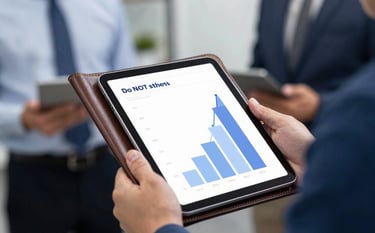 A close-up of professional architects of strategy: a high-quality leather folder and a clean tablet showing growth charts. Sharp focus, sophisticated corporate lighting using #3A6076 and #F8F9FA accents.