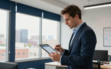 A professional in a North American / US office setting, wearing business casual attire, reviewing maintenance schedules on a digital tablet. The room is bright and modern with deep navy blue accents and soft off-white walls. Large windows show a hint of a Michigan city landscape in the background, conveying structured coordination.