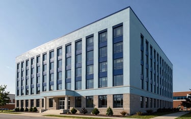 A wide-angle, professional architectural photograph of a modern North American / US municipal government building in Michigan during the daytime. The building features clean lines with a pale blue facade and deep navy blue window frames. The sky is a clear sky blue. The environment is meticulously maintained, reflecting high-standard facility management.
