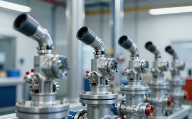 Detailed view of industrial spray nozzles and deluge fire valves from brands like Cla-Val and Tyco, arranged in a clean, professional industrial facility. Precision engineering style with #98C1D9 lighting accents.