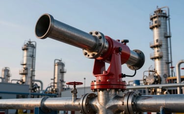 A heavy-duty industrial foam monitor cannon made of red and stainless steel, mounted on a complex pipe system at a refinery. Technological and robust aesthetic, sunset lighting casting professional highlights, incorporating #3D5A80 and #1A202C tones in the machinery.