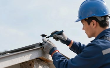 A detail-oriented close-up of a professional roofer inspecting flashing on a chimney. Clean, high-contrast aesthetic. Focus on craftsmanship and trust. Lighting is sharp and bright. Incorporates brand colors #1C2833 and #88A0AD.