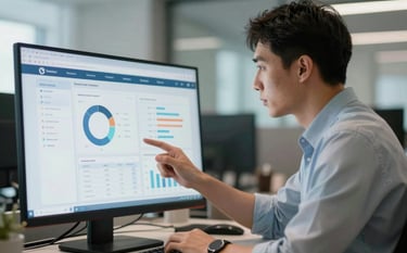 A focused professional in a modern Global / International office environment reviewing search analytics data on a clean screen, soft lighting with accents of Slate Blue and Pale Mist, cinematic photography style.