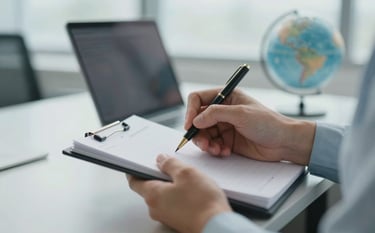 Close up of professional hands taking notes in a bright, modern Global / International workspace, Pale Mist and Soft Blue surroundings, soft natural lighting, high-end corporate feel.