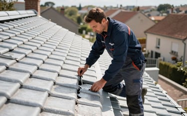 A professional roofing expert in workwear inspecting a tile roof for leaks in a European French neighborhood. High angle shot, focused on craftsmanship, bright daylight, clean and trustworthy atmosphere, with silver and dark blue tones from the brand palette.