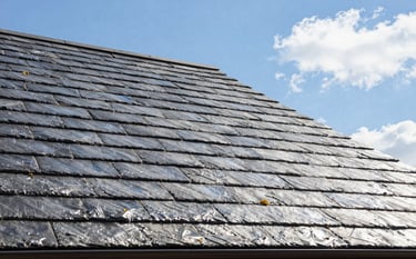 Clean shot of a perfectly maintained slate roof under a clear blue sky, showing professional moss removal results on a European residential home. Bright, reliable, and professional aesthetic with silver and clouds white tones.