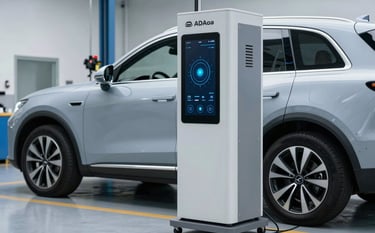 A high-tech digital ADAS calibration device positioned in front of a modern SUV in a professional North American service bay. The image exudes technical excellence and precision, featuring a palette of light gray and sophisticated gray-blue tones.