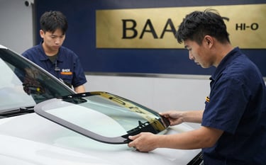 Two professional glass technicians in refined uniforms carefully placing a new OEM-quality windshield onto a luxury vehicle. The setting is a clean, upscale North American workshop. Sophisticated lighting highlights the gold and dark blue branding elements in the background.