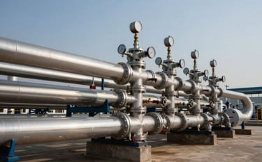 A wide-angle professional photograph of high-pressure industrial steel piping systems at a South Asian hydrocarbon facility. The pipes are polished and clean, with technical gauges and valves visible. Natural daylight highlights the metallic textures against a clear sky. Strong, technical composition.