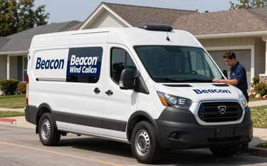 A sleek white mobile service van with professional Beacon Windshield branding parked on a clean North American residential street. A technician is organized and ready, conveying trust and efficiency.