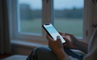 Photography of a peaceful evening scene in a cozy North American home. A person's hands are visible holding a mobile device near a window with soft dusk light. The mood is calm and quiet, focusing on comfortable, high-quality textures and soft light blue tones.
