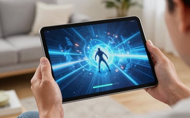 Close-up photography of a person's hands holding an Android tablet in a modern North American / US living room. The tablet displays a vibrant action game featuring deep blue and light blue energy effects. Soft bokeh background, engaging focus.