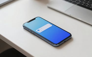 Photography of a sleek Android smartphone sitting on a clean off-white desk in a North American / US home office. The screen glows with a light blue and deep blue productivity interface. Natural soft side lighting, minimalist and professional aesthetic.