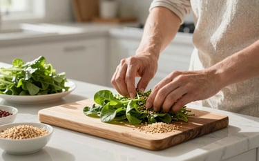 North American / US home setting. A bright, airy kitchen where a person is carefully preparing a meal with fresh greens and whole grains, referencing a printed educational guide. Soft morning sunlight, professional high-quality photography, conveying a sense of health and accessibility.