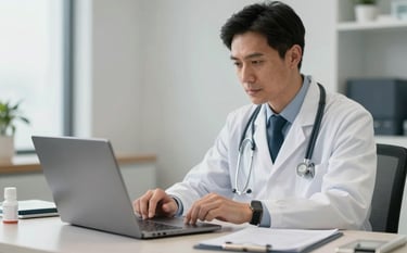 North American / US medical office. A professional setting where a doctor is reviewing clinical data on a laptop. The lighting is crisp and neutral, highlighting a modern and trustworthy healthcare environment. Clean lines, professional depth of field.