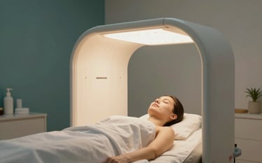 A serene, high-end wellness treatment room where a patient is relaxing under a modern, sophisticated polychromatic light therapy panel. The light emitted is a soft, warm glow. The room features clean lines and natural materials, reflecting a mood of modern professionalism and holistic healing with a palette of #2F6F6B and #F8F5EF.