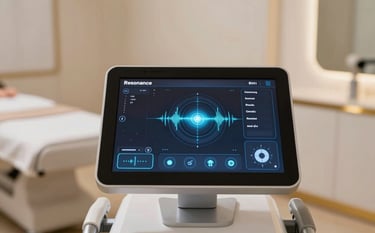 A close-up shot of a sleek, high-tech Resonance body scanner interface showing bio-energetic data on a clean tablet screen. The background is a soft-focus wellness studio with gold accents (#C8B18A). The lighting is bright and clear, conveying trust and advanced technology.
