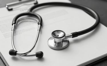 A minimalist black and white photograph of a medical stethoscope resting on legal documents. The style is clean and professional, with soft lighting and silver grey tones.