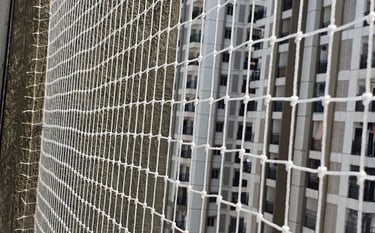 Installation of bird protection nets across a residential building duct area. Professional workers i