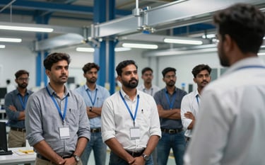 A group of professional workers in a modern South Asian / Indian training facility, observing a demonstration. The atmosphere is focused and modern, with steel blue and muted silver-blue elements in the background architecture.