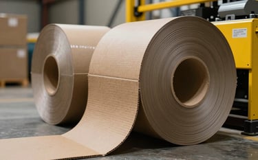 Close-up photography of heavy-duty corrugated cardboard rolls and industrial stretch film in a modern Iberian / Latin American logistics warehouse. Professional lighting with strong contrasts and yellow brand accents on the machinery.