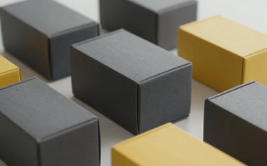 A collection of finished, premium branded boxes with high-quality industrial printing and finishes. Clean, minimalist composition in a professional Iberian / Latin American office, featuring charcoal grey and yellow tones.