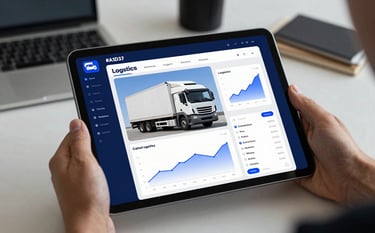 A modern workspace showing a digital tablet with a trucking logistics dashboard and financial growth metrics. Professional and authoritative atmosphere. Lighting is sharp and clean. Uses #0A1D37 and #8BAED1 prominently.