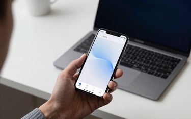 A high-end, minimalist North American office setting. A hand holds a modern iPhone showing a clean, sleek application interface. In the background, a MacBook Pro sits on a white desk with soft natural light, reflecting an innovative and sophisticated tech atmosphere. Colors include dark navy and ice blue.