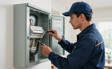 A professional licensed electrician in a clean uniform inspecting a modern electrical panel inside a bright, clean North American / US home. The scene is lit with clear, natural light, highlighting the Steel Blue and Navy colors of the professional's tools and uniform.