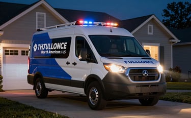 A nighttime shot of a professional service van with Navy and Steel Blue branding arriving at a North American / US suburban home. Headlights illuminate the driveway, suggesting rapid response and reliability.