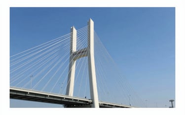 An impressive view of a high-complexity structural engineering project, such as a bridge or high-rise skeleton. The composition is dynamic and authoritative, featuring a clean blue sky and using brand colors #0B1C2E and #7D9DB2 for a corporate, reliable look.