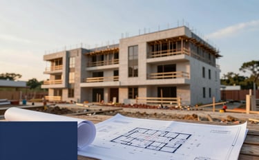 A wide-angle, professional shot of a modern residential construction site in Colombia during the golden hour. In the foreground, engineering plans are visible, incorporating a palette of #0B1C2E and #7D9DB2. The image conveys precision and high-quality craftsmanship.