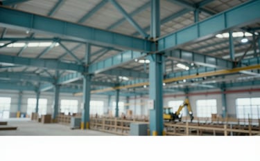 A sharp, industrial photograph of a large-scale warehouse construction. Technical details like steel beams and heavy machinery are captured with clarity. The lighting is bright and professional, utilizing tones of #345D7E and #F5F8FA to highlight technical mastery.