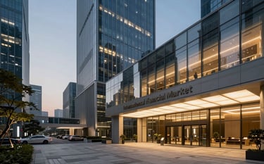 A panoramic view of a sophisticated, modern financial center lobby at dusk, featuring clean glass architecture and warm light-grey and golden blue tones, International Financial Market professional atmosphere.
