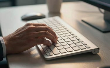Close-up of a professional trader's hand using a sophisticated metal keyboard in a modern corporate office, with soft golden light reflections on the desk, representing an International Financial Market professional.