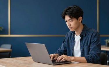 A high-end, professional scene of a student studying with a modern laptop in a clean, minimalist library or office. The background features deep navy blue walls and subtle gold decorative accents. The lighting is soft and focused, conveying a sense of concentration and academic excellence. Brand colors #0F1E3D and #C9940A are integrated into the decor.