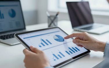 Close up of a professional analyzing data charts on a sleek digital tablet. The background shows a sophisticated office setting with a palette of #3E5A73 and #F6F8FA, conveying precision and expertise.