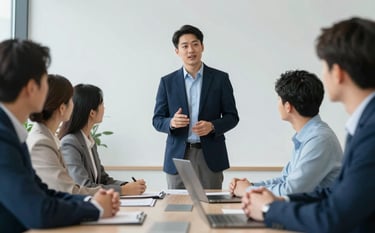 A professional business meeting in a bright, modern office. A leader is standing confidently while talking to an engaged group. The scene uses professional lighting and incorporates hints of the brand's navy #1C2D3B and light blue #8CA3B8 in the furniture and decor.