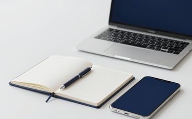 A clean, minimalist workspace featuring a high-end laptop and an organized notebook. The aesthetic is professional and calm, with a color scheme of #F6F8FA and accents of #1C2D3B, symbolizing productivity.