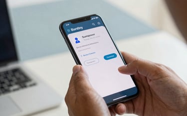 Close-up of South American Brazilian hands using a mobile banking application on a smartphone. The interface on the screen looks modern and secure. The background is a blurred office interior with light blue-grey and off-white colors.