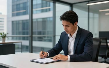 A South American Brazilian professional sitting at a clean, modern desk in a glass-walled office, signing a digital contract on a tablet. The atmosphere conveys efficiency and trust. The background shows steel blue and dark blue corporate architecture, soft professional lighting.