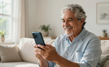 A smiling South American Brazilian retiree holding a modern smartphone in a bright, clean living room. Natural sunlight streams through the window, highlighting a safe and comfortable environment. The scene features off-white and light blue-grey tones, professional photography.