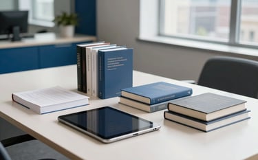 A bright, professional editorial office in a North American / US city. On an off-white table, a collection of professionally designed books and a digital tablet are arranged neatly. The room has slate blue accents and large windows letting in natural morning light, conveying trustworthiness.
