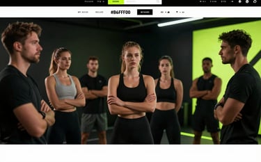 A group of focused fitness professionals at a high-end networking event. Shot from a low angle to look powerful. Lighting is dark and moody with sharp #FFFFFF highlights and #B6FF00 accents. Minimalist and ultra-modern.