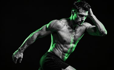 A high-contrast, black and white professional photograph of a fitness instructor in mid-movement, illuminated by sharp #B6FF00 neon green rim lighting against a pitch-black background. The style is premium, cinematic, and powerful.